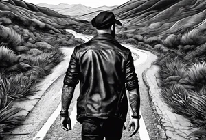 a man on a road that is less traveled with "Hark" in a banner tattoo idea