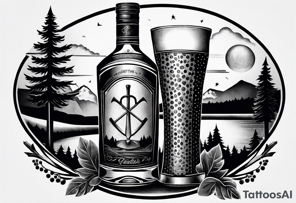 cross with whiskey glass, golf club, camp fire and cabin in the quandrants tattoo idea