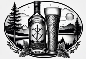 cross with whiskey glass, golf club, camp fire and cabin in the quandrants tattoo idea