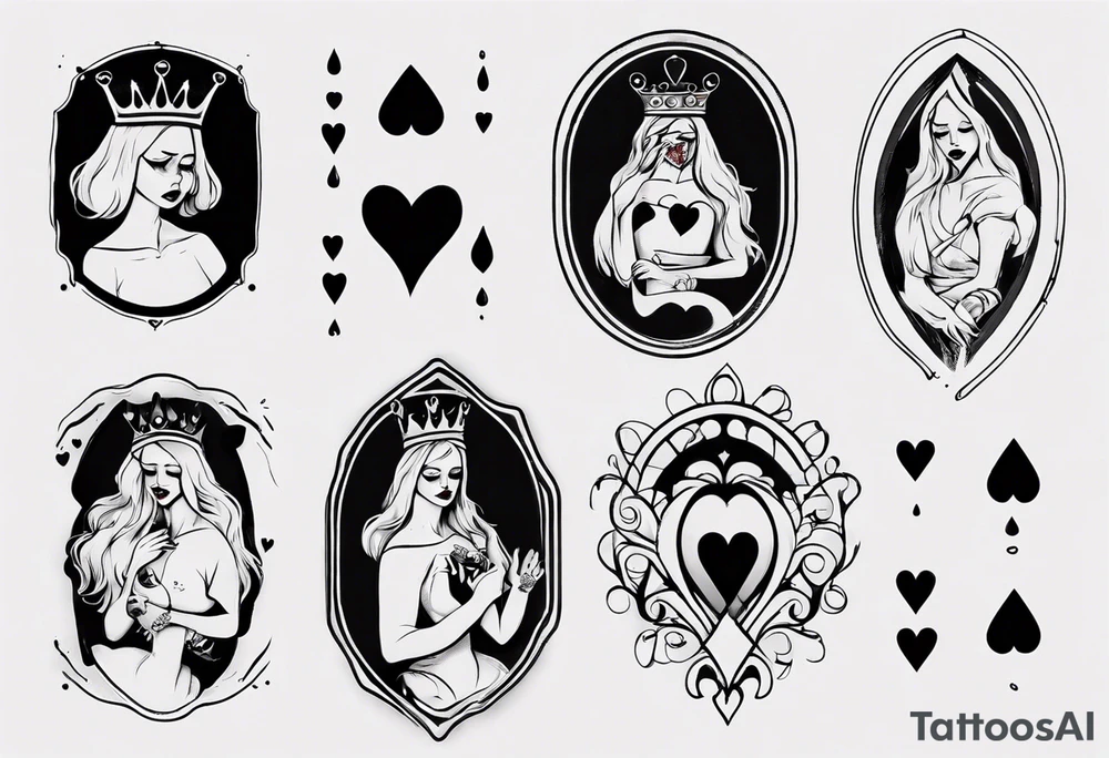 simple queen of hearts crying black tears, with blank eyes tattoo idea