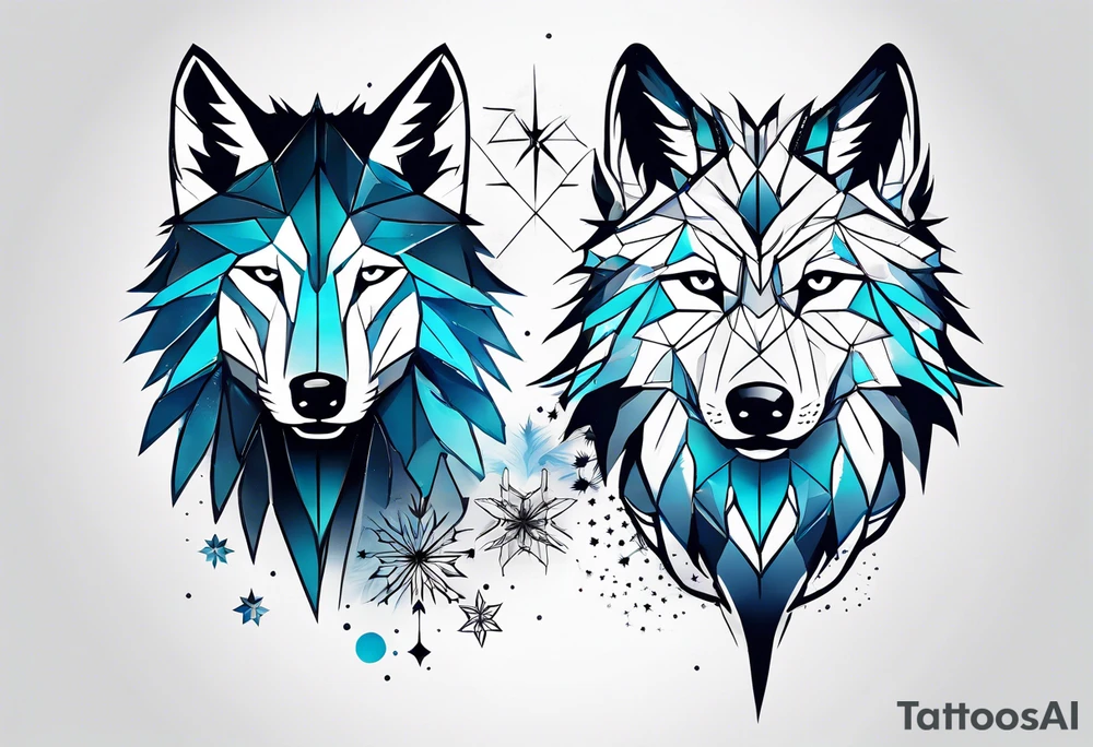 Constellation, two animal wolf, géométric, snowflake tattoo idea