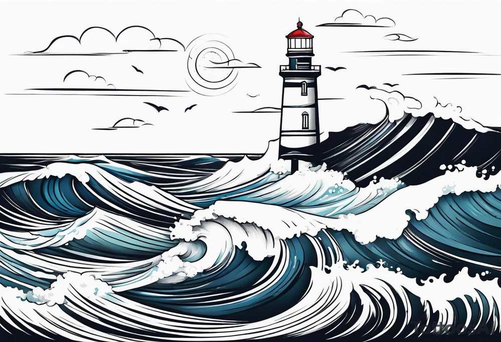 Lighthouse in draw with waves tattoo idea