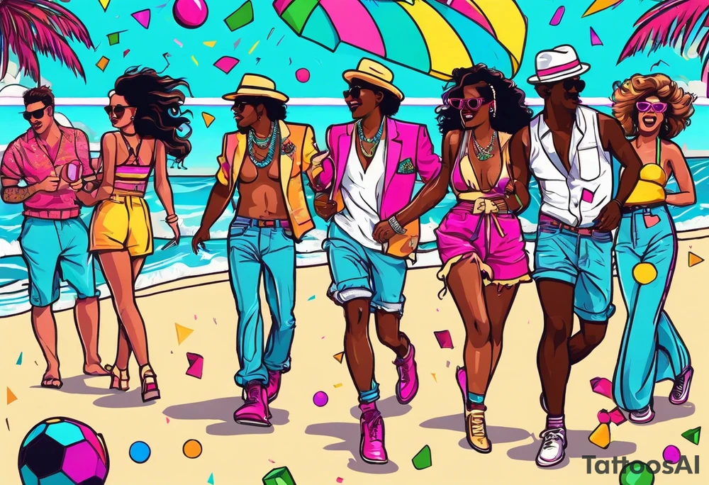 1980's style dance party with boom box and confetti in a beach theme. include people in 80's miami beach clothes, music note. tattoo idea