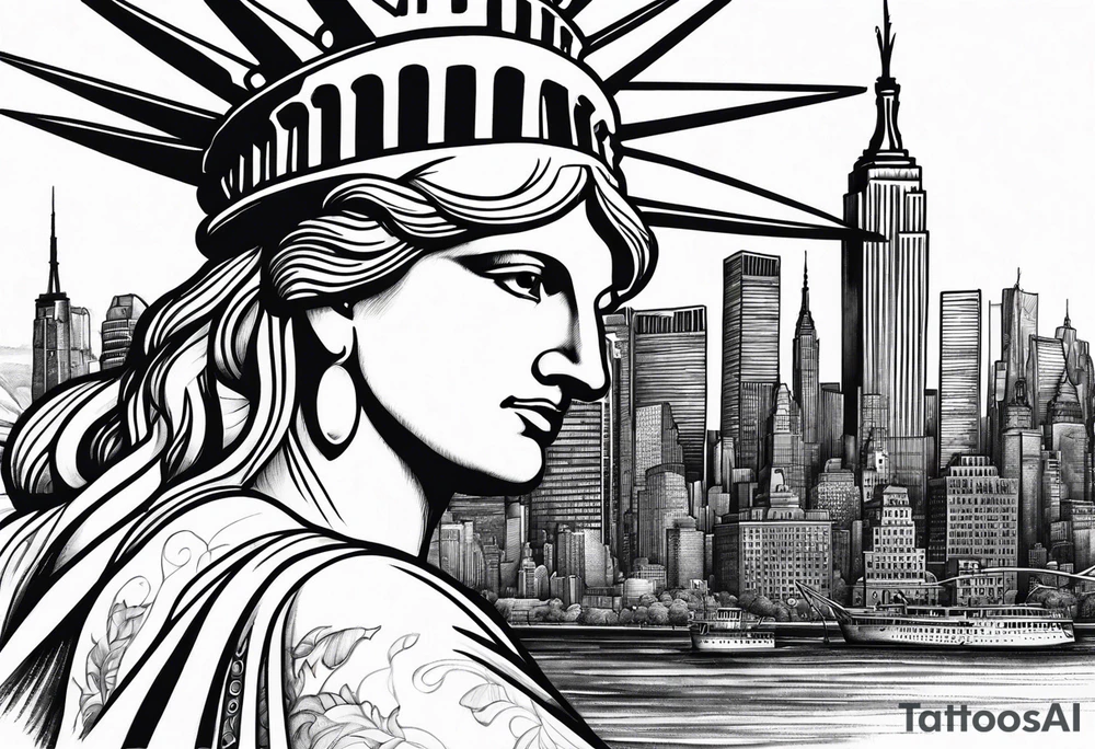 Statute of liberty head in background with new york city skyline in foreground. tattoo idea