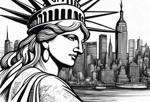 Statute of liberty head in background with new york city skyline in foreground. tattoo idea