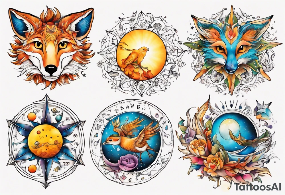fisch, fuchs und eule , symetrie  sonne, universum, bunt, " sapere aude" tattoo idea