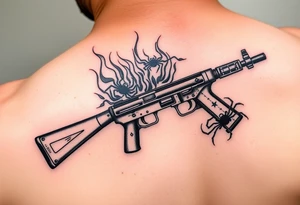 A Tommy gun and burning paper with spiders tattoo idea