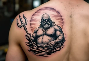 young, happy, fat, balding, poseidon in calm water, holding a trident, drinking a beer, with sunset, with ski boat, with sunglasses tattoo idea