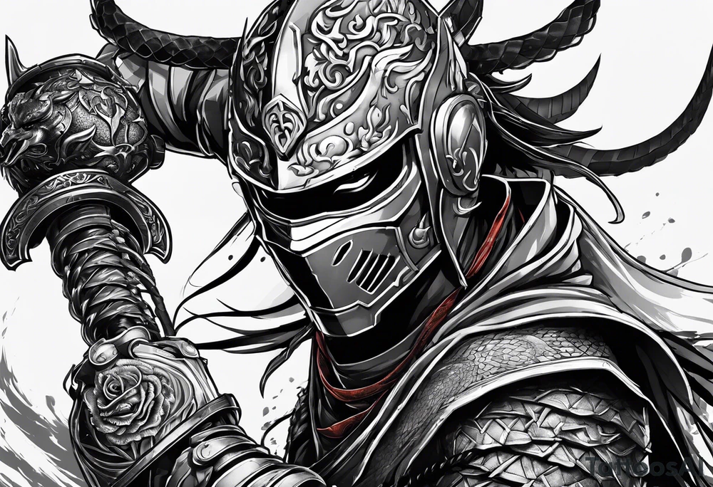 Angry Male Modern robot ninja with demon mask with swords in hands fighting dragon tattoo idea
