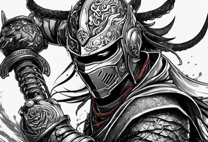 Angry Male Modern robot ninja with demon mask with swords in hands fighting dragon tattoo idea