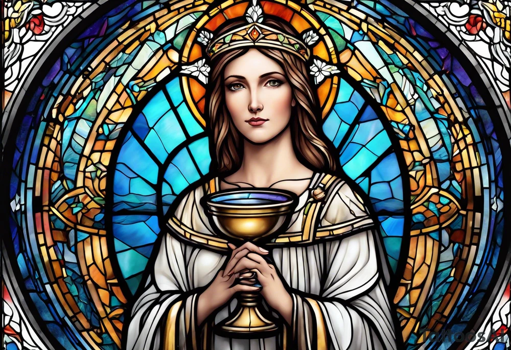 holy saint woman with halo stained glass holding a chalice tattoo idea
