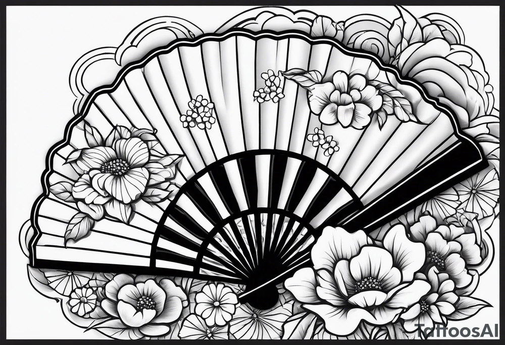 All Black Japanese fan with flowers behind it tattoo idea