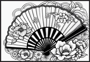 All Black Japanese fan with flowers behind it tattoo idea