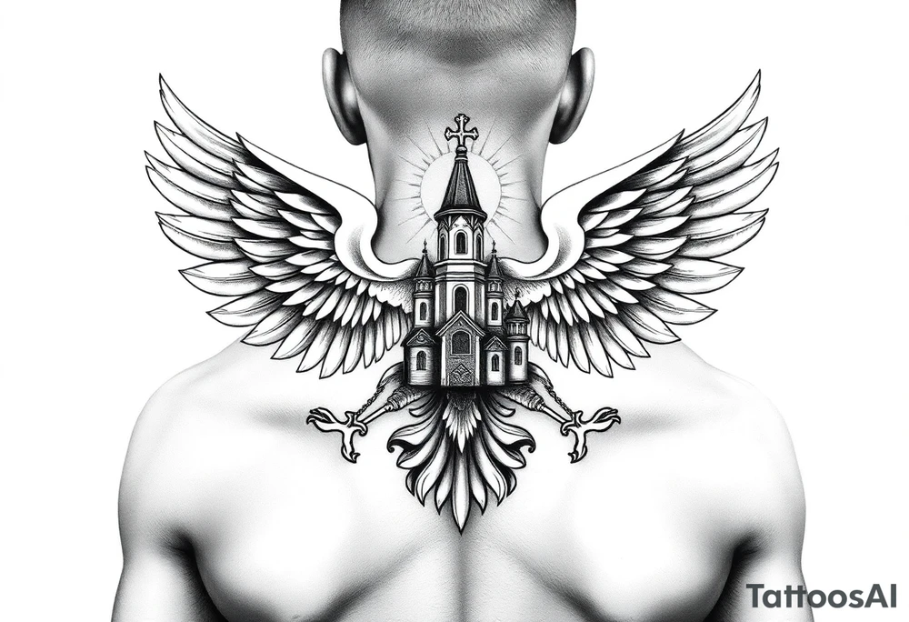 an actual russian coat of arms with the eagles wings spanning out on my back neck across my shoulders / traps with a orthodox christian church being visible in a mountainous sun beaming setting, with the russian orthodox cross spire of the orthodox church being visible on my neck with a sun beaming in the background that the cross sits inside tattoo idea