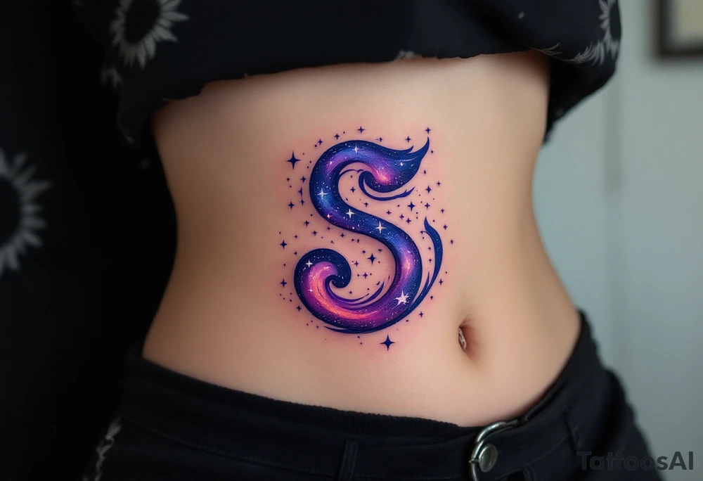 A galaxy-themed "S" with deep navy, purples, and scattered white stars. tattoo idea