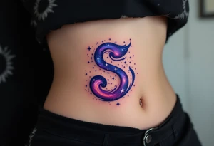 A galaxy-themed "S" with deep navy, purples, and scattered white stars. tattoo idea