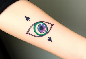 Large outline of an almond shaped eye with an ace of spades for the eyeball center colored greenish blue with a crescent moon stars and clouds inside vivid colors blue green purple tattoo idea