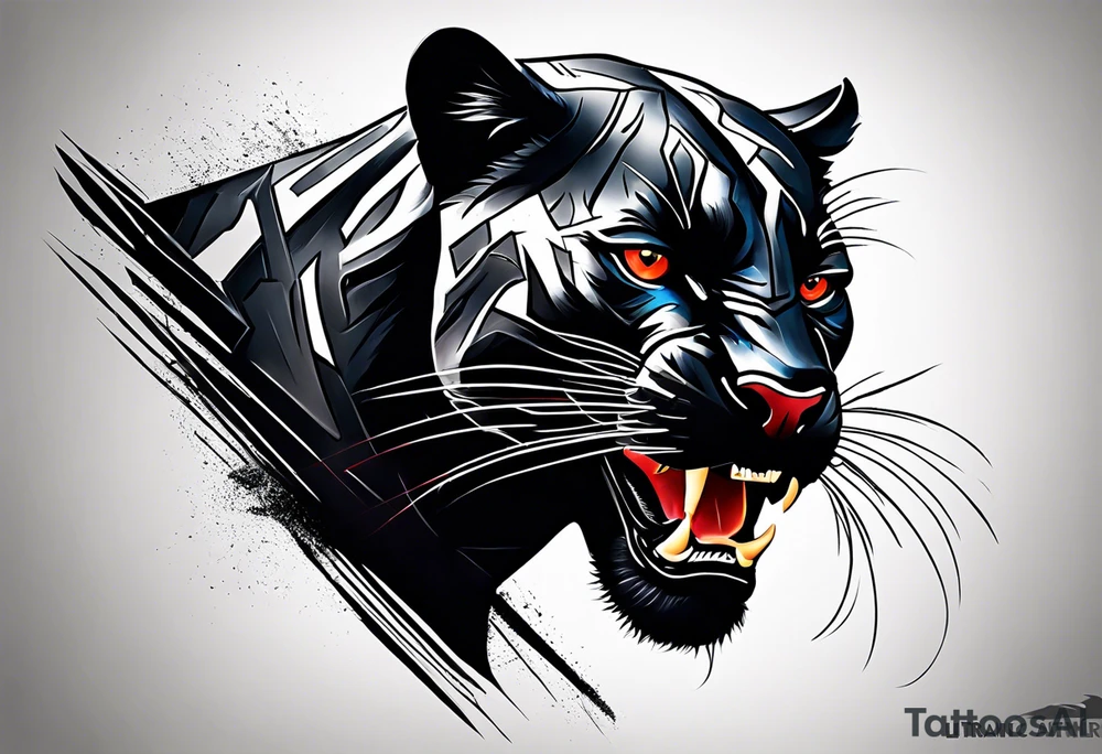 unique black panther tattoo, dynamic pose, showcasing its strength and grace, striking red eyes, intense and captivating elements, artistic flair, blending realism with abstract elements tattoo idea