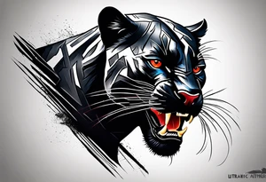 unique black panther tattoo, dynamic pose, showcasing its strength and grace, striking red eyes, intense and captivating elements, artistic flair, blending realism with abstract elements tattoo idea