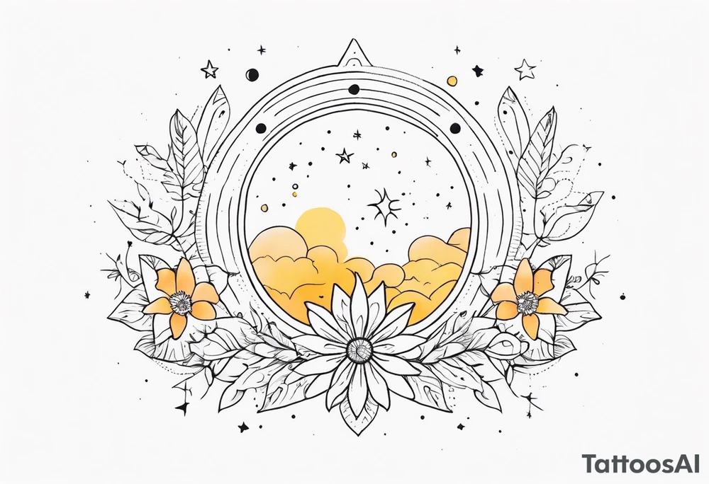 fine line with sun, stars, floral, dots. Sternum tattoo tattoo idea