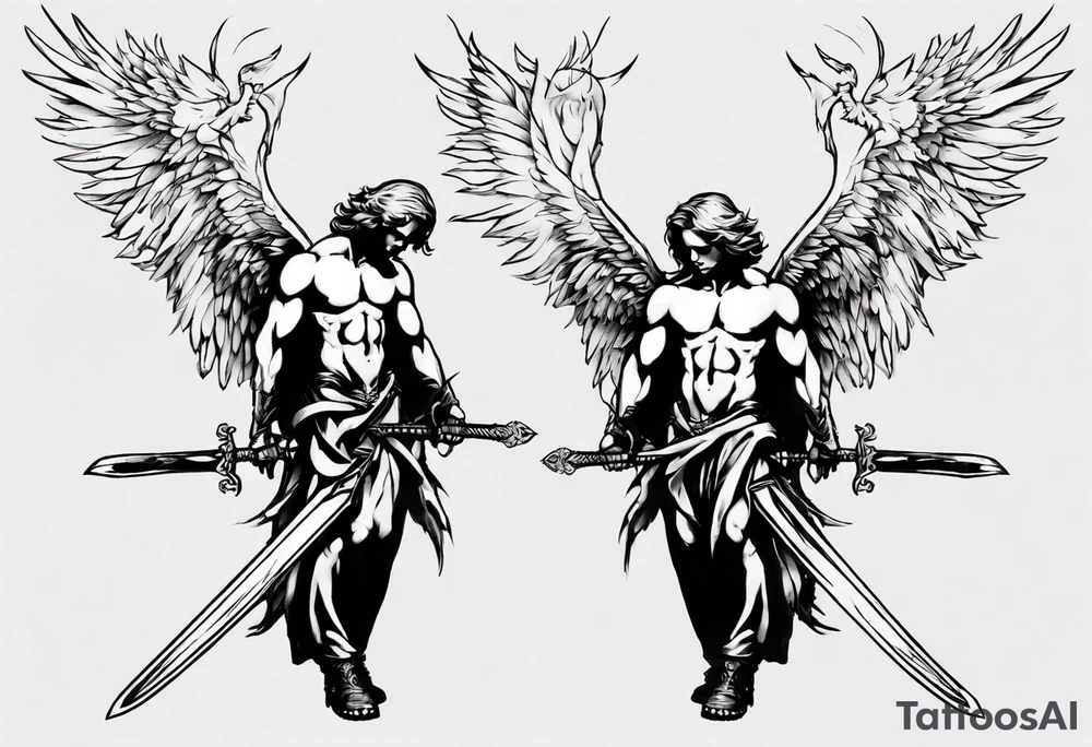 Fallen angel - men with two swords tattoo idea