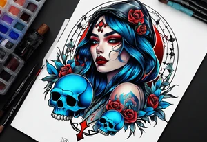 Bright bold Neo traditional tattoo woman with skulls and blood Holding a blue glowing sphere. Crosses for eyes tattoo idea