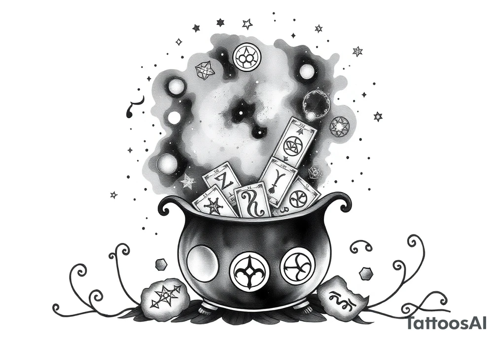 Milky way galaxy filled with zodiac symbols runes tarot cards coming out of a cauldron tattoo idea