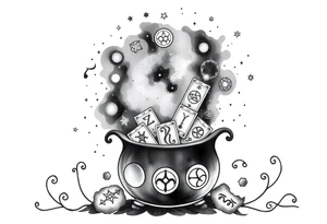 Milky way galaxy filled with zodiac symbols runes tarot cards coming out of a cauldron tattoo idea