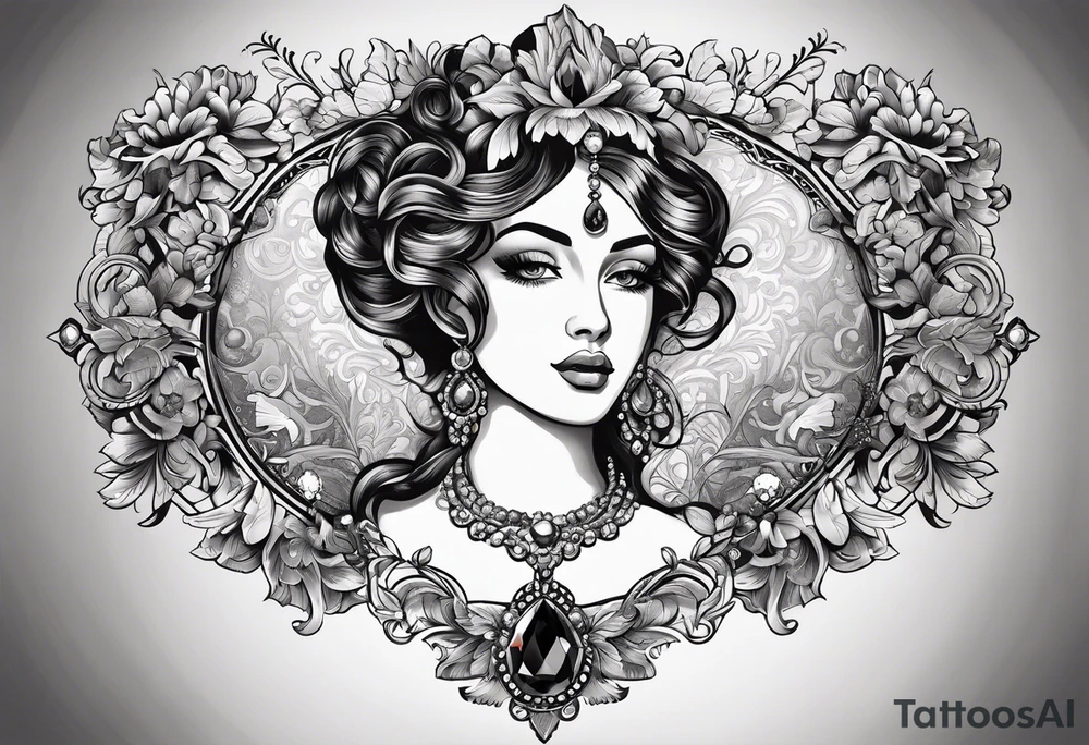 baroque vector on my neck going down & across my shoulders with a gem in the middle of my neck tattoo idea