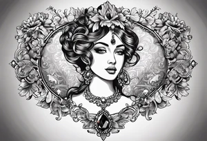 baroque vector on my neck going down & across my shoulders with a gem in the middle of my neck tattoo idea