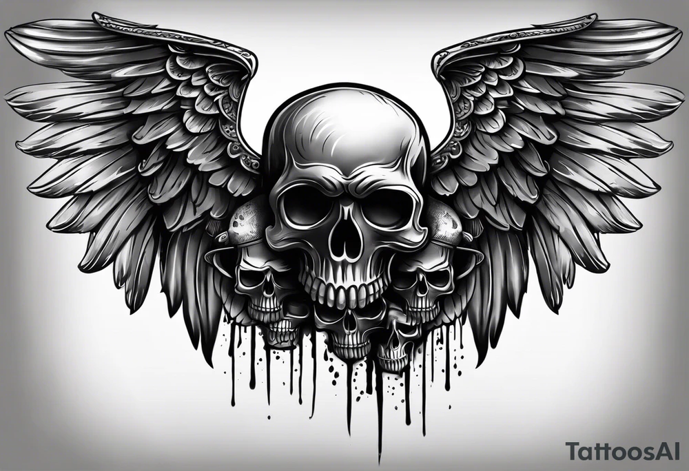 See no evil hear no evil speak no evil skulls go down the back with angel wings wrapped around the skulls tattoo idea
