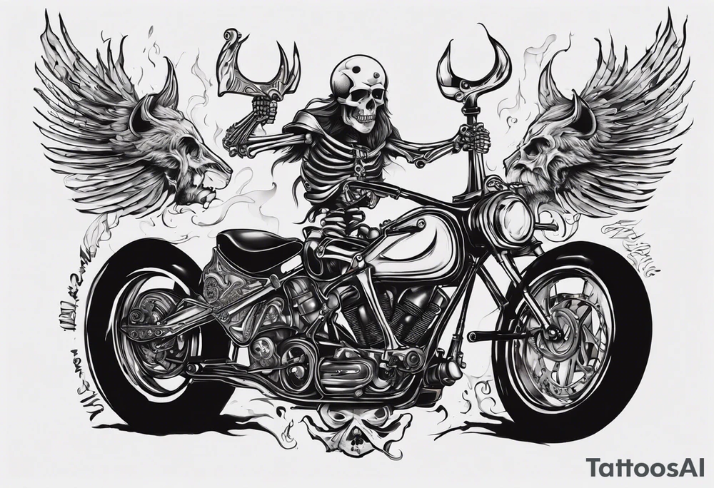 I want a tattoo of a motorcycle and a skeleton in the back with the name “Viking Customs” incorporated in the design tattoo idea