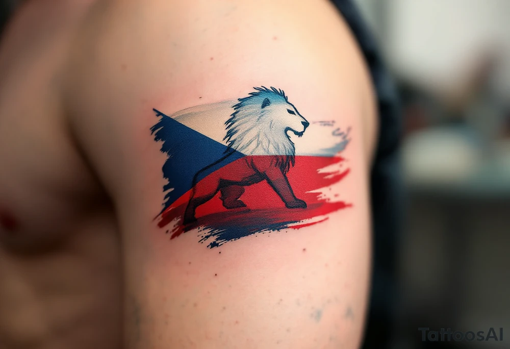 A silhouette of a Czech lion within a waving Czech flag, with red and blue brush strokes adding movement and energy. tattoo idea