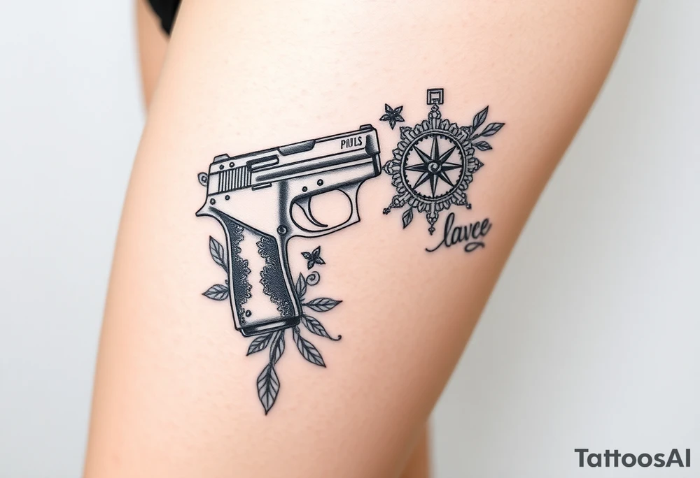 Hand 
gun, lace, large 
 compass and lipstick tattoo idea