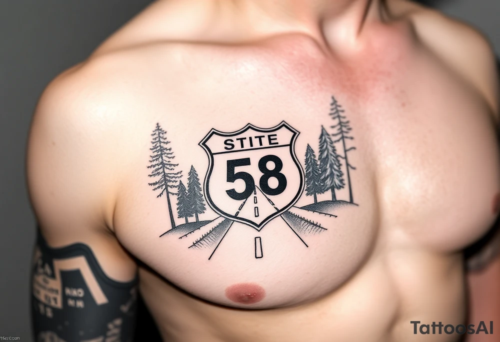 Arm sleeve small State Route sign 558, with trees all around and farm in background, road w/ view facing up the arm tattoo idea