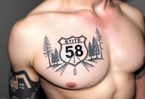 Arm sleeve small State Route sign 558, with trees all around and farm in background, road w/ view facing up the arm tattoo idea