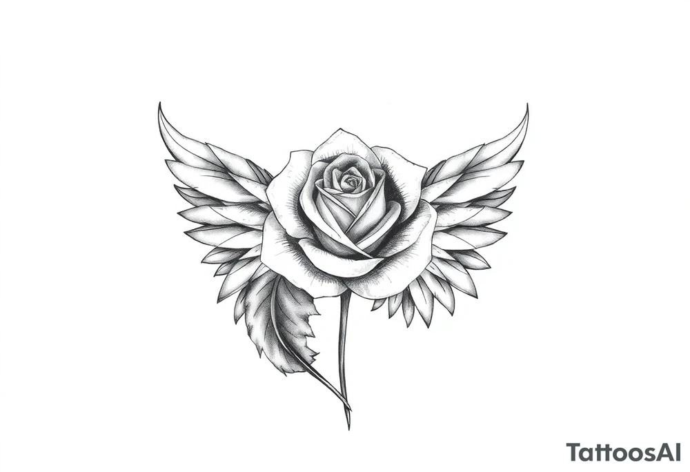 TWO FEATHERS TOGETHER WITH A ROSE WITH "SERGE" WRITTEN INSIDE tattoo idea