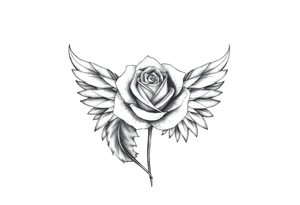 TWO FEATHERS TOGETHER WITH A ROSE WITH "SERGE" WRITTEN INSIDE tattoo idea