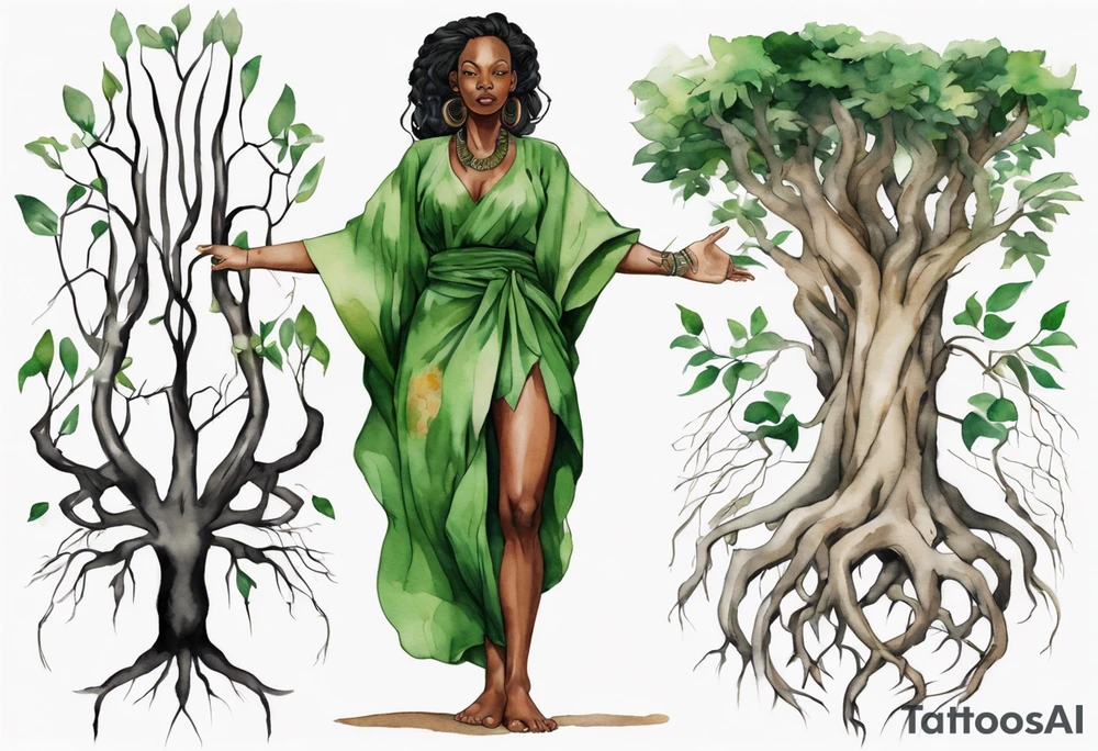 a tree trunk with roots that is a black woman from the waist up, feet made of tree roots, wearing a green tunic, arms reaching upward tattoo idea