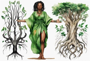 a tree trunk with roots that is a black woman from the waist up, feet made of tree roots, wearing a green tunic, arms reaching upward tattoo idea