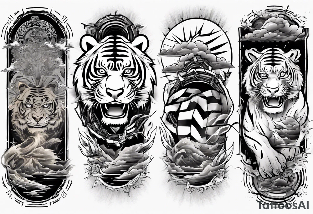 Ancient tiger with lightning and a sun for a forearm sleeve. With patterns surrounding it tattoo idea