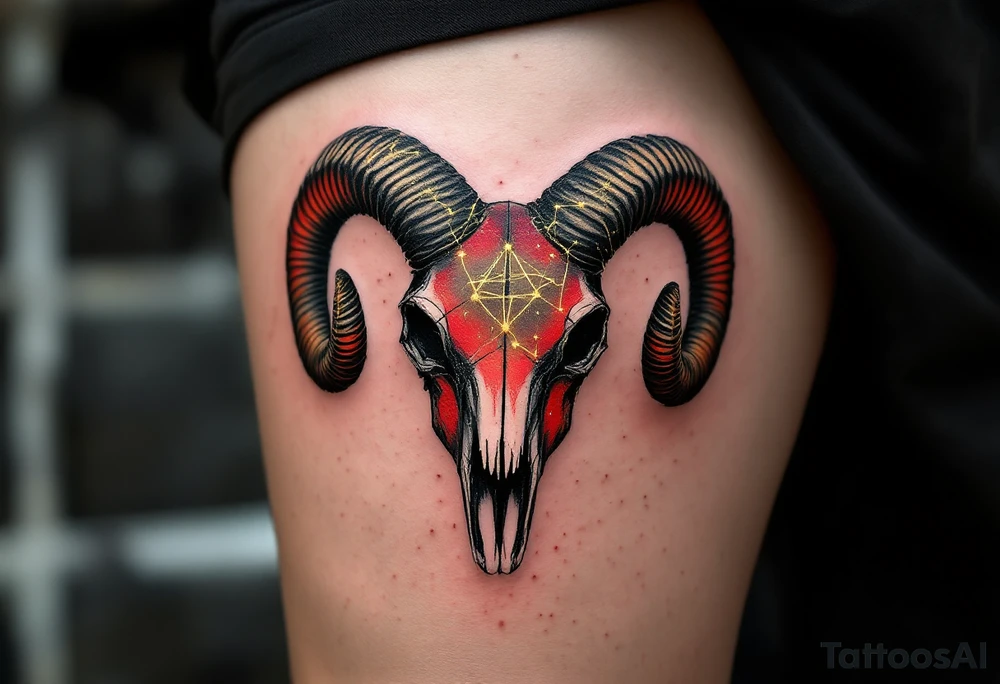 This bold Aries piece features the constellation in gold thread across a ram skull shaded in black and crimson. tattoo idea