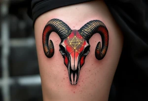This bold Aries piece features the constellation in gold thread across a ram skull shaded in black and crimson. tattoo idea