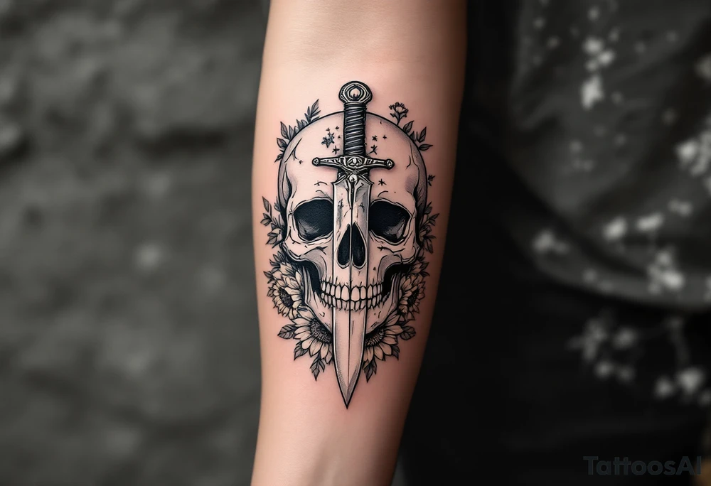 Skull, heart piercing a dagger with roses and sunflowers tattoo idea