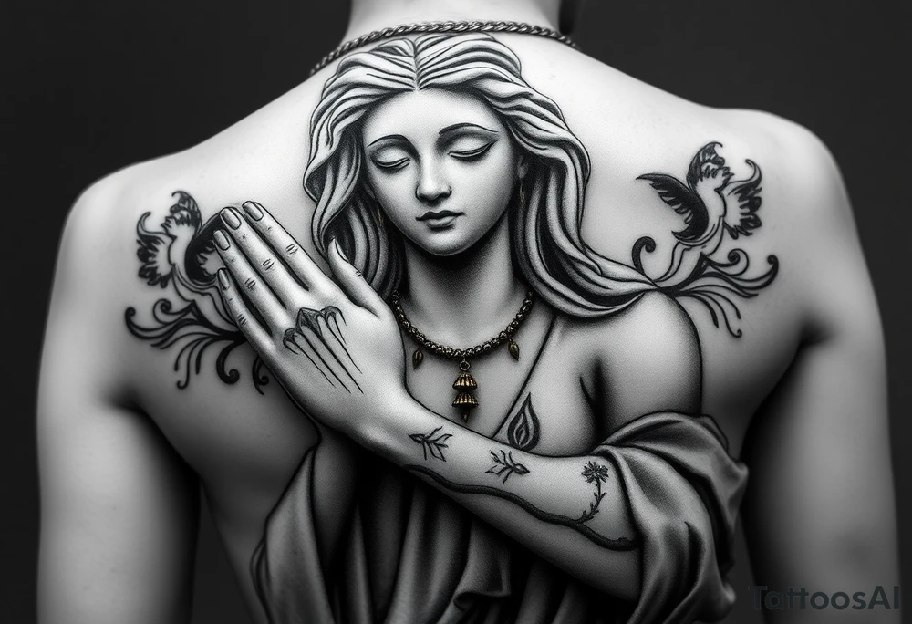 Based on that statue, modify it as if it were praying, with tattoos/damaged statue, with gold necklaces, jewelry, criminal, black and white tattoo style, arm, tattoo idea
