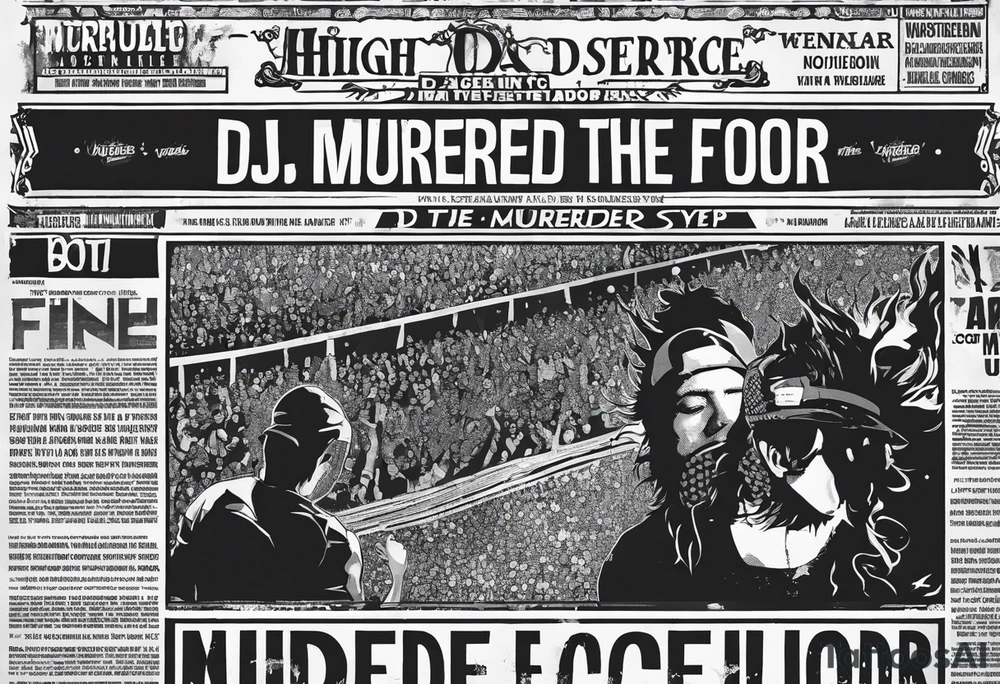 Ripped newspaper for hand with headline “dj murdered the dance floor”. Fake newspaper Article about best dj in raleigh tattoo idea
