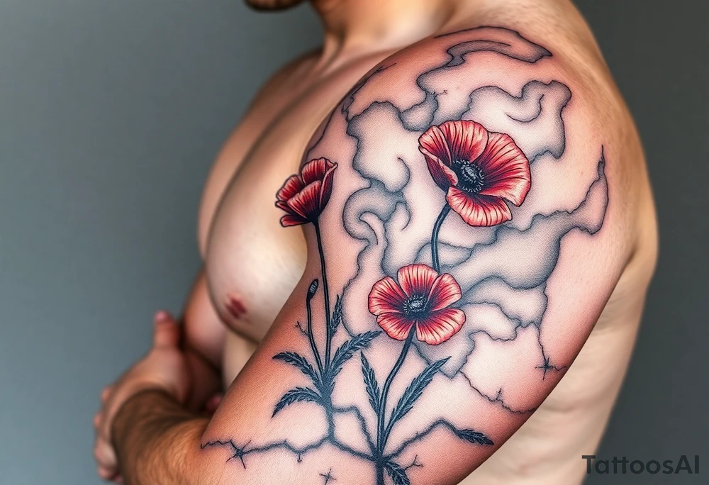 War zone with 2 poppy’s growing out of the smoke with 11B in the background and put this on top of a map tattoo idea