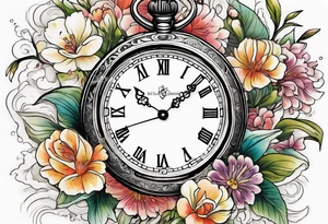 Open Hinged pocket watch surrounded with flowers in remembrance of a deceased friend tattoo idea