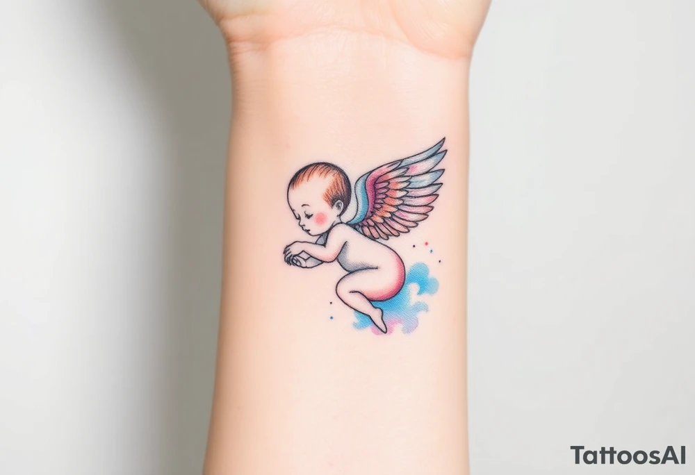 Winged baby, blue and pink watercolor, clouds tattoo idea