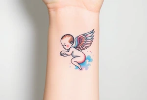 Winged baby, blue and pink watercolor, clouds tattoo idea